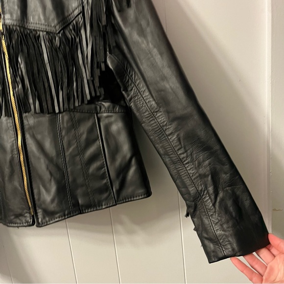 Vintage Branded Garments Fringe Leather Quilt Lined Jacket Black Biker Western - Picture 6 of 14